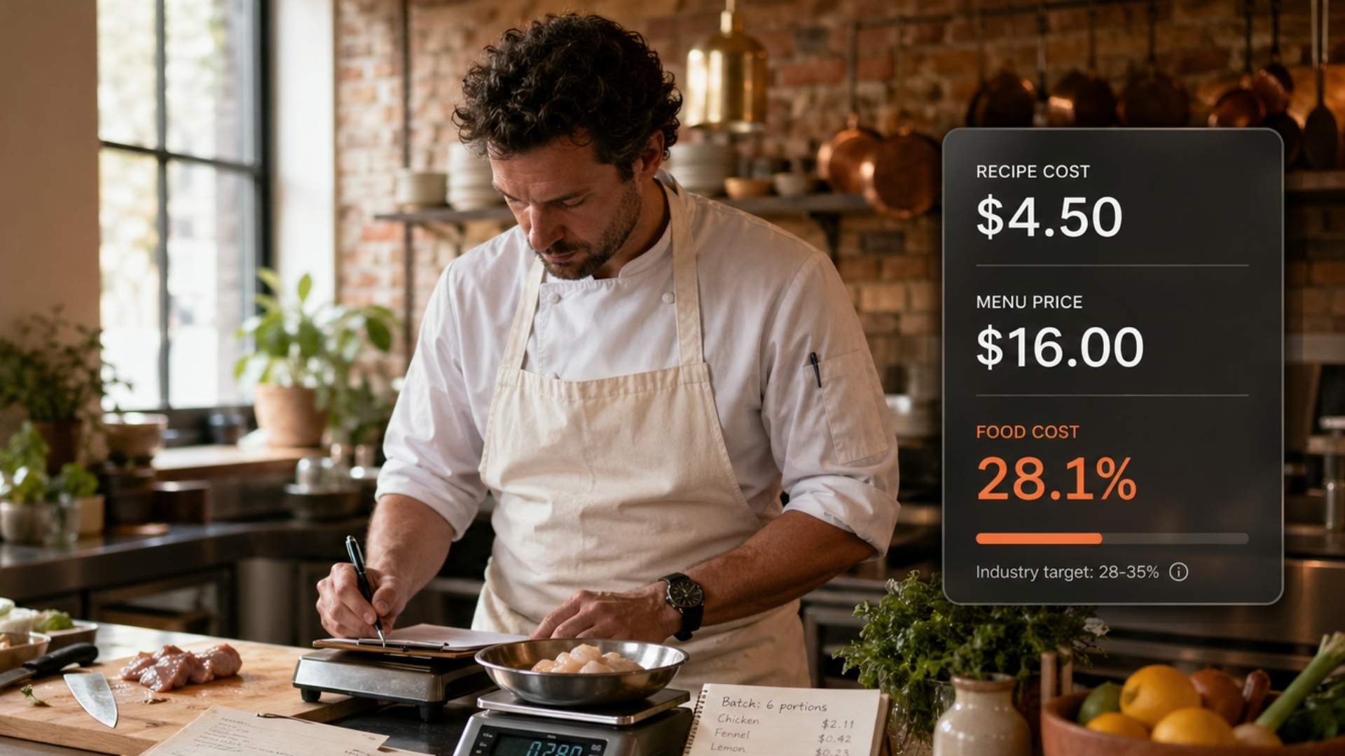 Restaurant food cost calculator — chef reviewing recipe costs